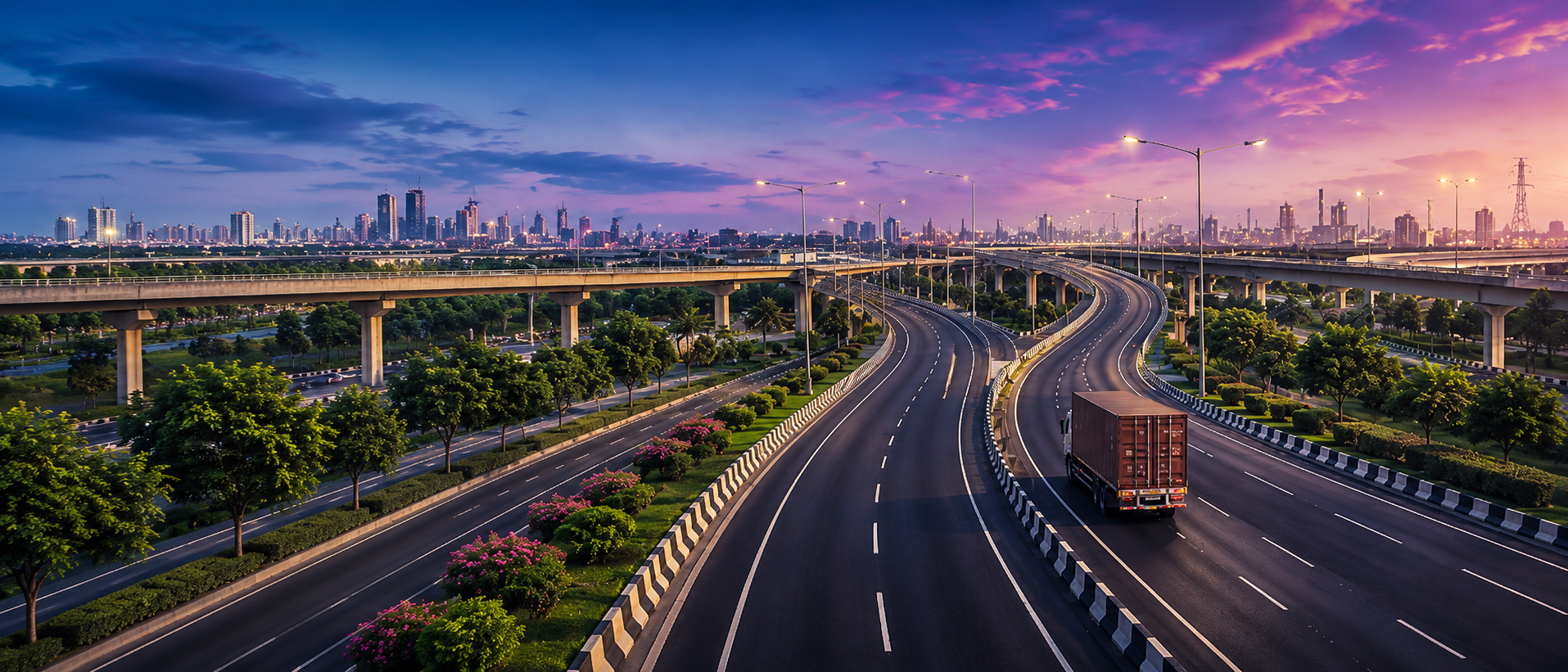 Elevated city highway with a logistics truck moving through a landscaped route at dusk